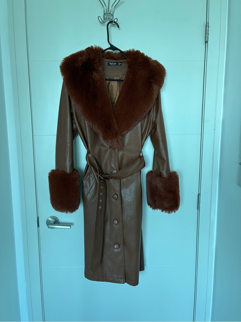 Nasty Gal Brown Faux Leather Trench with Plush Fur Collar & Cuffs